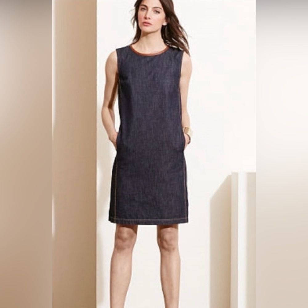 Lauren Ralph Lauren Blue Denim Dress Leather Trim Size 4